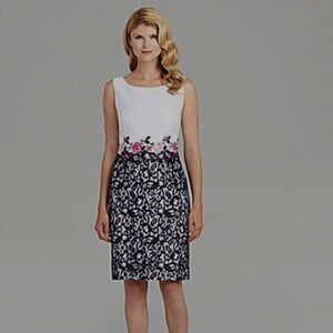 ANTONIO MELANI White and Navy Midi Dress with Floral and Lace